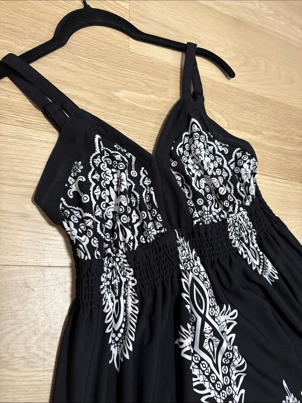 Point Zero (S) Black Midi Dress White Paisley Print White Smocking Sundress - Picture 7 of 14